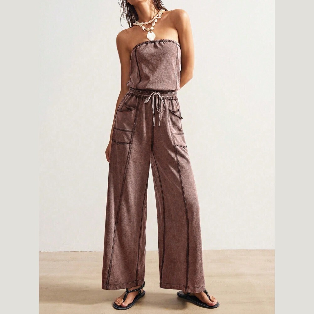 Mocha Mineral Wash Strapless Wide Leg Jumpsuit